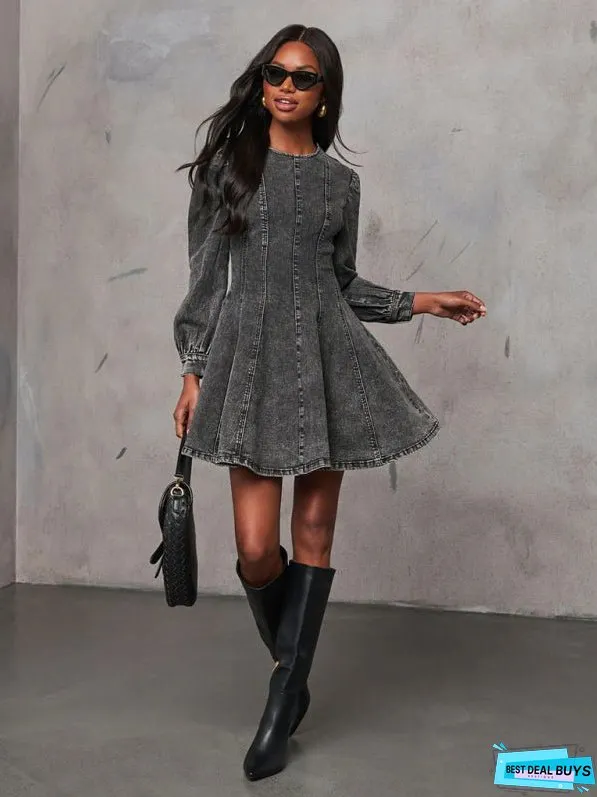 Fashion Casual Patchwork Drop Waist Women's Denim Long Sleeve Dress