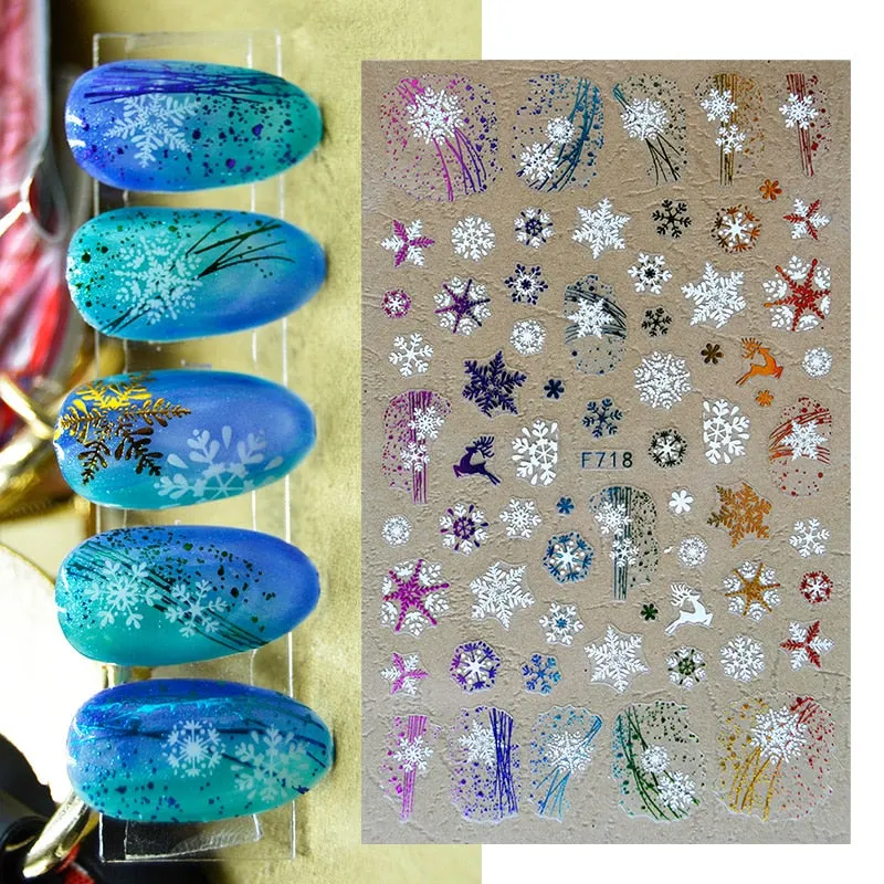 Sliver Bronzing 3D Christmas Nail Art Decoration Sticker Sparkly White Colorful Glitter Geometry Snowflake Winter Slider Foil