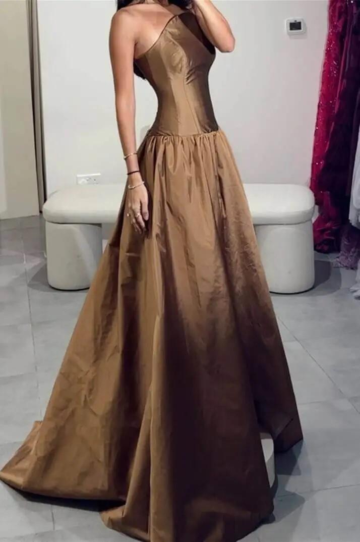 Lussooy Brown Satin Strapless Simple Sleeveless A Line Long Prom Dress with Pleated   