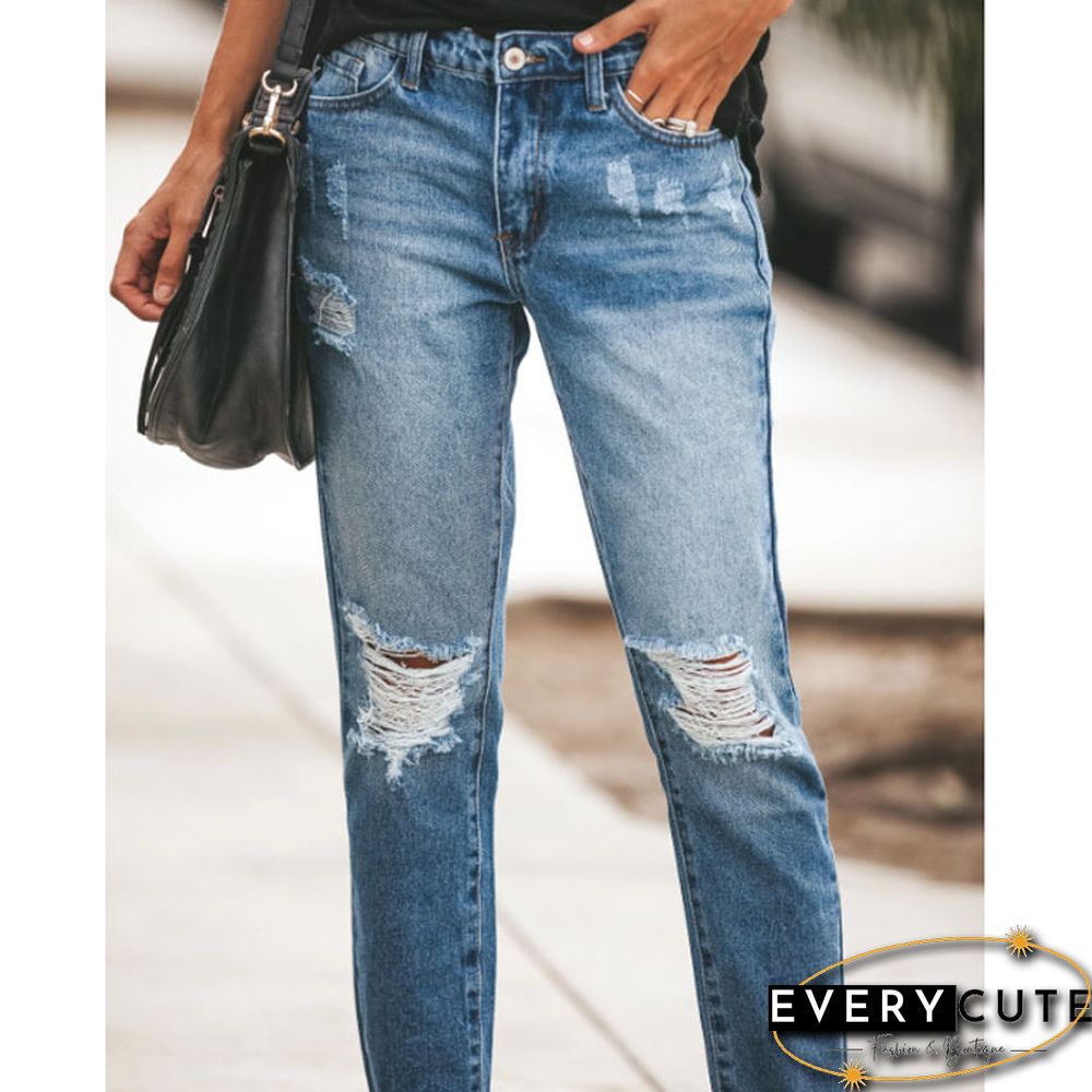 Women's Ripped Fringed Slim Jeans Trousers