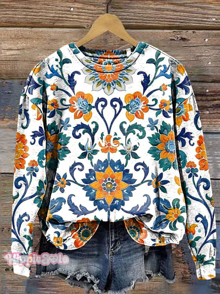 Vintage Flower Art Print Casual Sweatshirt Multicolor / S