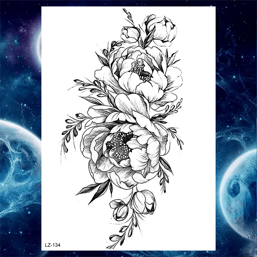 Flower Compass Temporary Tattoo For Women Girls Adult Rose Peony Tattoos Sticker Fake Black Floral Body Art Thigh Tatoos Paper