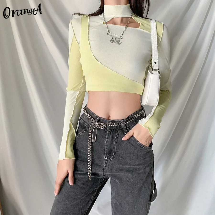 OrangeA Women Casual Summer Long Sleeve t-Shirt Asymmetry Patchwork Crop Tops Turtleneck Elastic Hight Skinny Fashion Streetwear