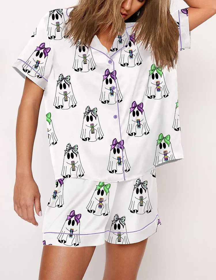 Women&rsquo;s Alani Witches Brew Ghost Halloween Drink Short Sleeve Satin Pajama Set