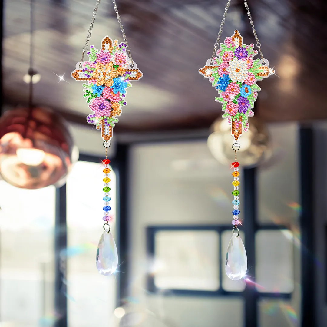 2Pcs Flower Cross DIY Acrylic Diamond Painting Art Wind Chimes with Crystal Pendant Diamond Art Hanging Pendant Double-Sided for Adults Beginners Gift Home Garden Decor