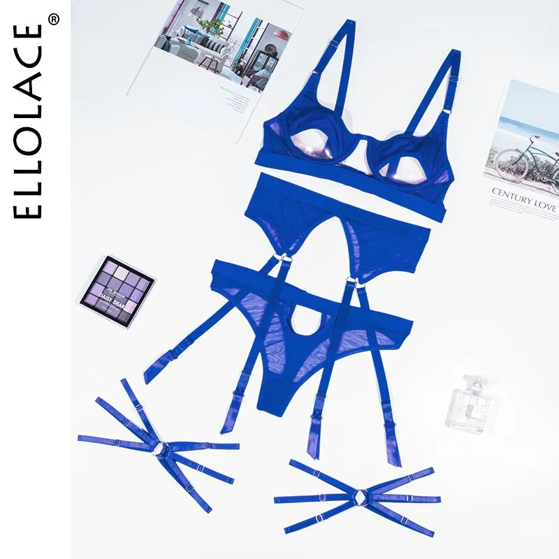 Ellolace Hollow Out Erotic Lingerie Apparel Underwear Set Solid Sexy Costume Bra 3 Piece Porn Sissy Intimate Sensual Sex Suit