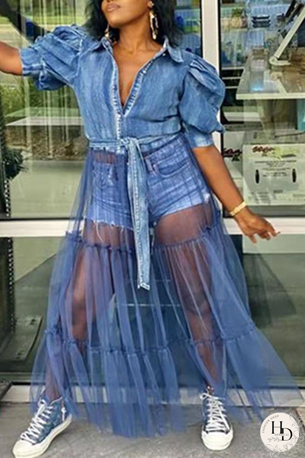 Blue Fashion Casual Plus Size Patchwork Mesh Turndown Collar Short Sleeve Dress