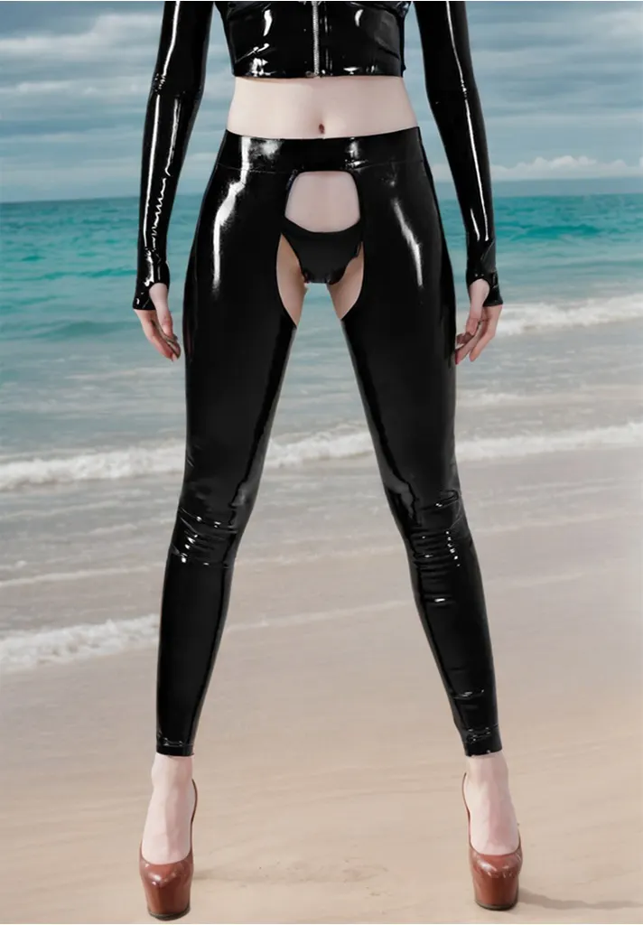 Women's Open Crotch Latex Leggings with Cutouts