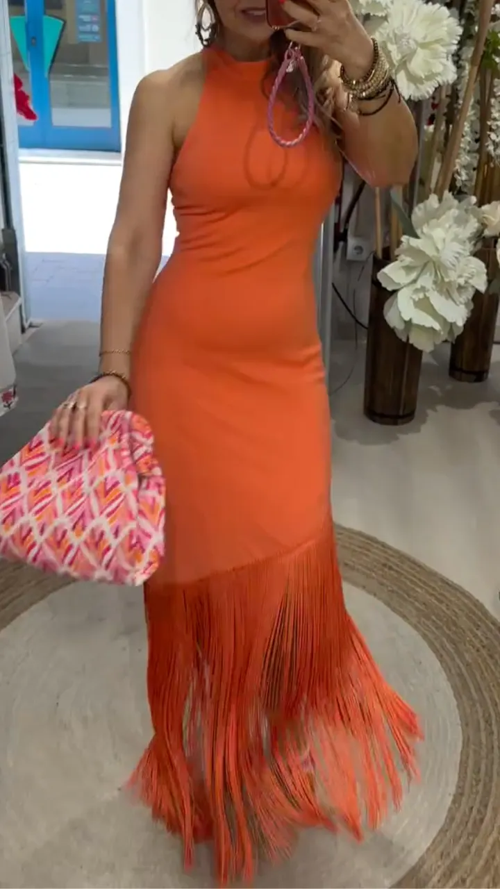 Halter Neck Fringe Hem Midi Dress