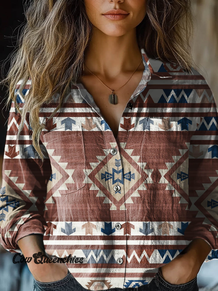 Women&rsquo;s Vintage Brown Aztec Art Print Casual Long Sleeve Comfortable Cotton Shirt Multicolor / S