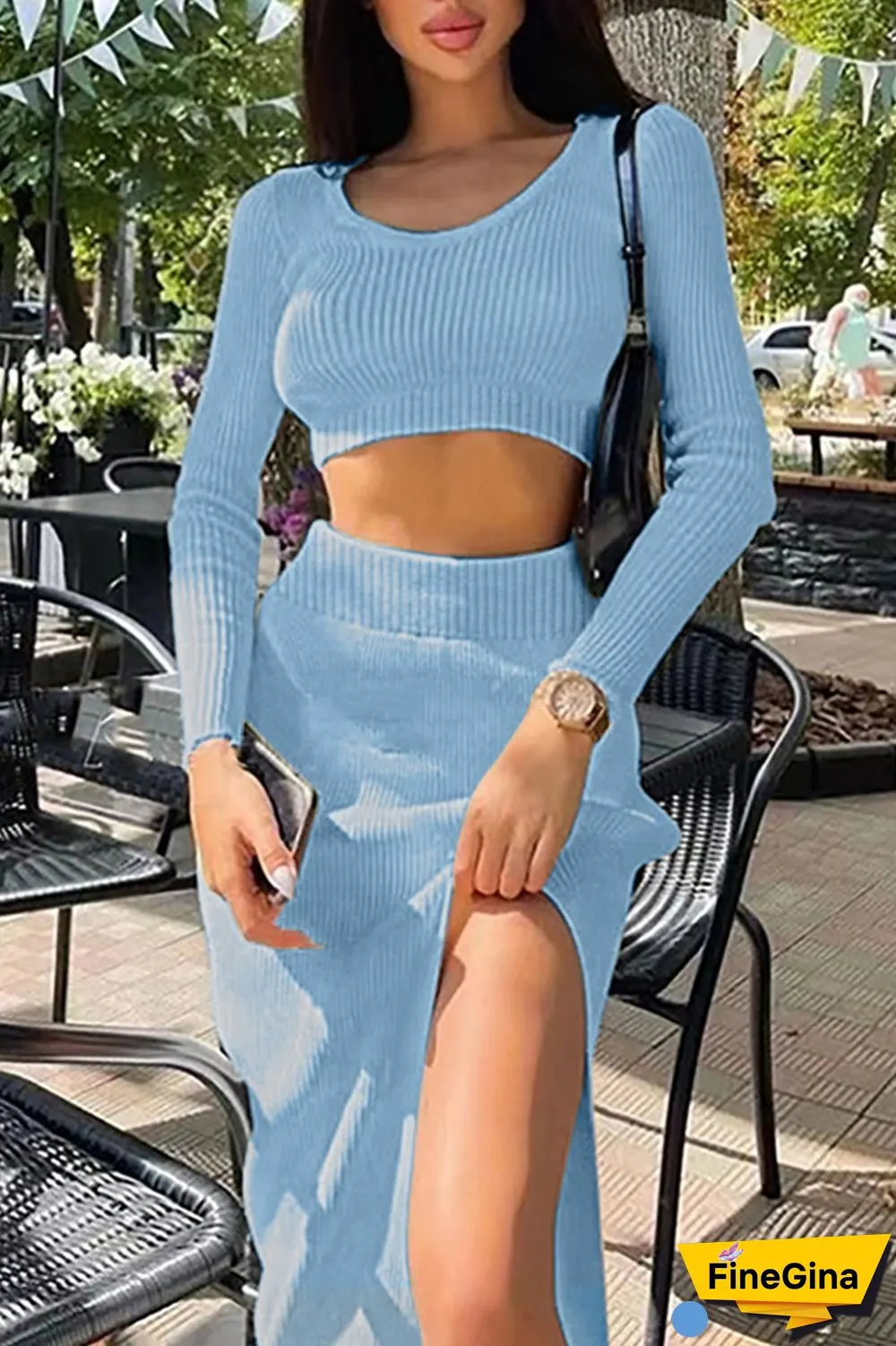 White Sexy Solid Patchwork Slit U Neck Long Sleeve Two Pieces