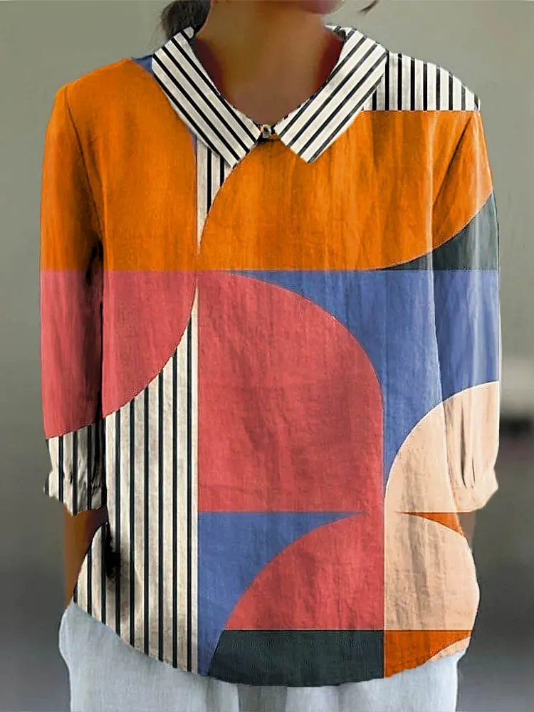 Women's Abstract Geometric Pattern Art Print Casual Cotton And Linen 3/4 Sleeve Shirt