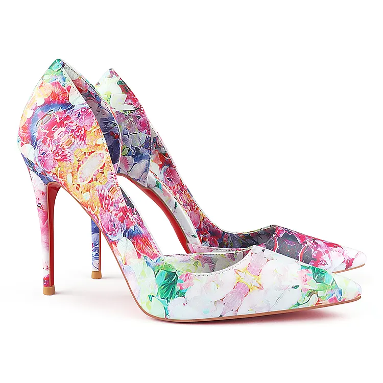 100mm Women's Pointed Toe Red Bottom Flowers Blooming Print Party Daily Wedding Pumps VOCOSI VOCOSI