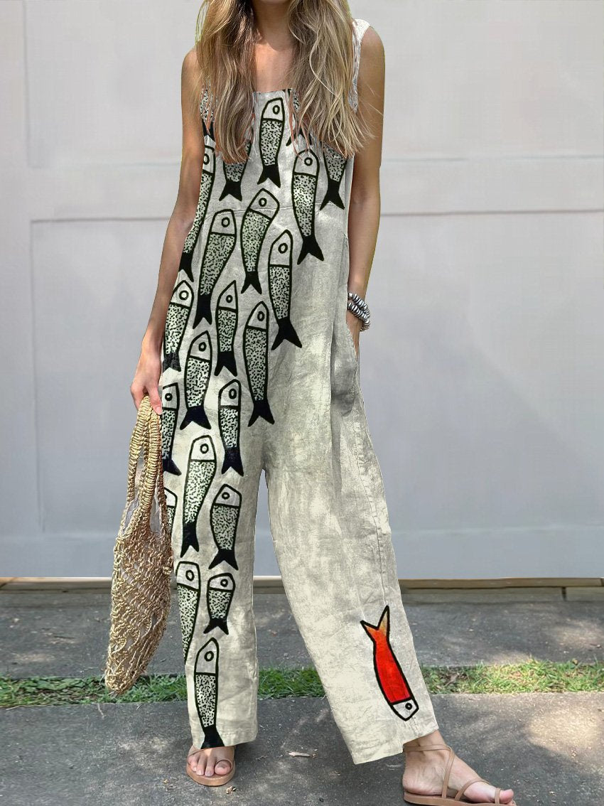 Be The Unique Fish Art Printed Women's Casual 100% Cotton Wide Leg Jumpsuit