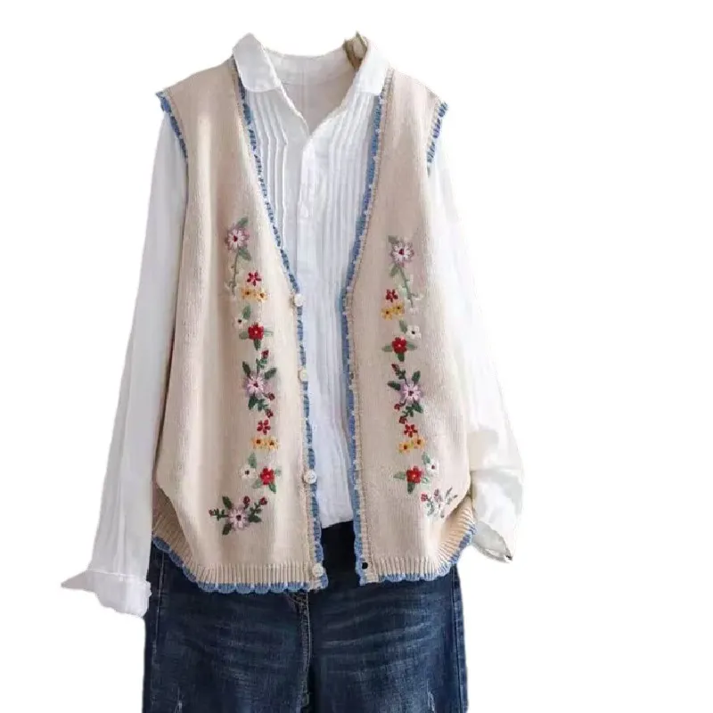 Churchf Churchf 2024 New Age Reduction Fold Wear Sleeveless Vest Top Korean V-Neck Embroidered Flower Knit Vest Women