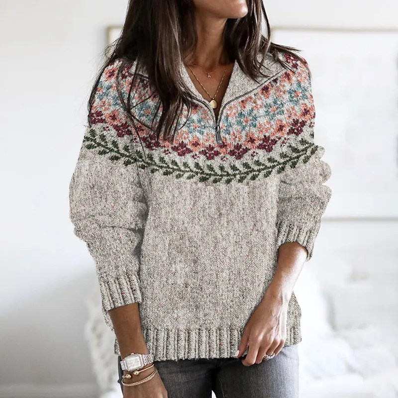 Retro Floral Knitted Button Down Ziper Cozy Sweater