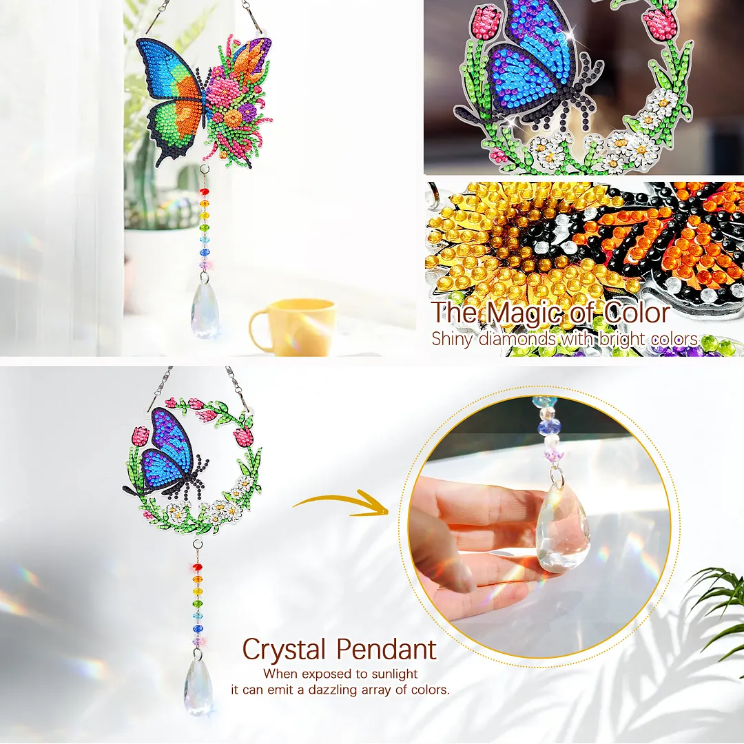 2Pcs Wreath Butterfly DIY Double-Sided Diamond Painting Hanging Kits Diamond Painting Suncatcher Craft Kit for Home Garden Wall Decor Gift
