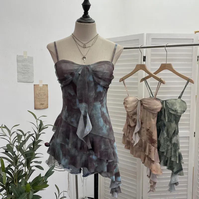 Churchf Real Shooting 2025 Spring And Summer New With Chest Cushions Dyed Mesh Sling Sling Vest Irregular Lotus Leaf Side Top 1139