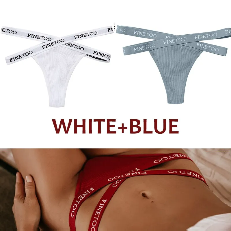 FINETOO 2PCS/Set Women's Cotton G-string Sexy Cross Strap Panties Letter Waisted Underwear Thongs Femme Hollow Out Lady Briefs