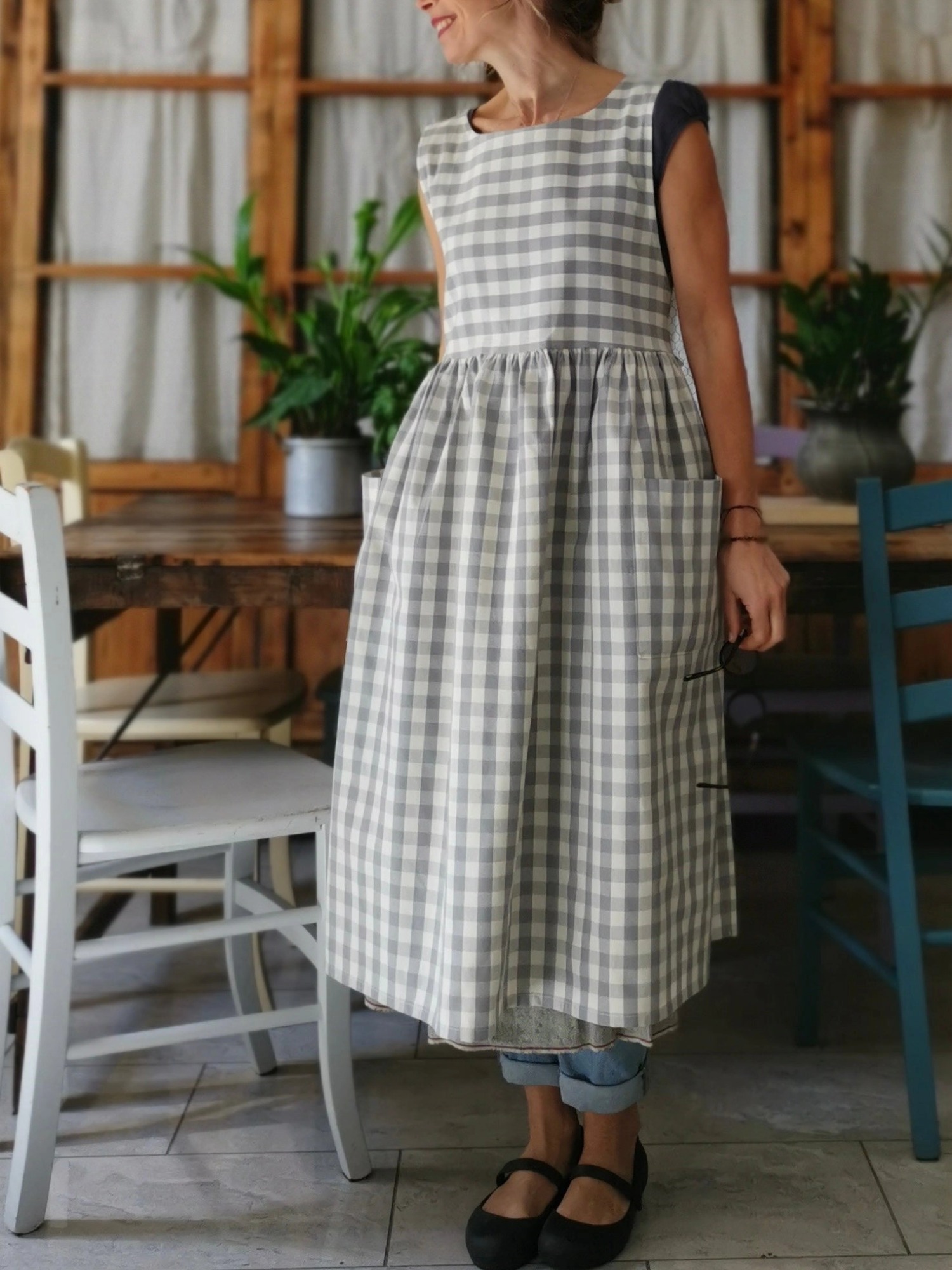 Light Grey and Cream Checked Cotton Apron