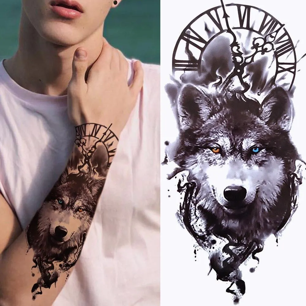 Sexy Rose Lion Flower Temporary Tattoos For Women Men Kids Boys Realistic Fake Wolf Tattoo Sticker Black Cross Compass Tatoos 1108-1