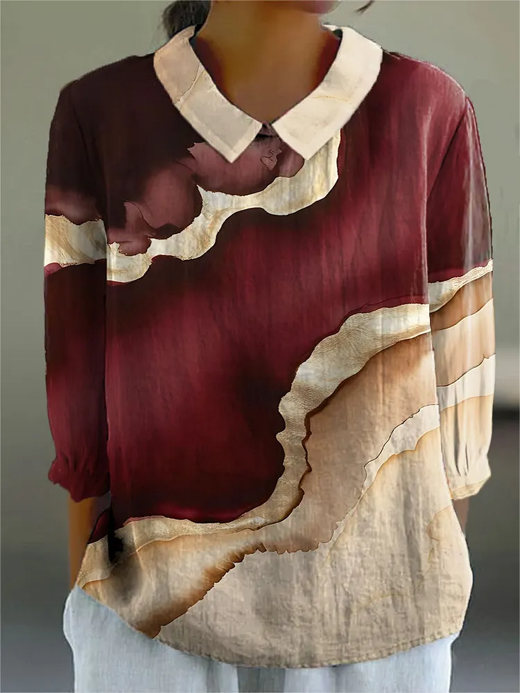 Women's Retro Abstract Texture Art Print Casual Cotton And Linen 3/4 Sleeve Shirt