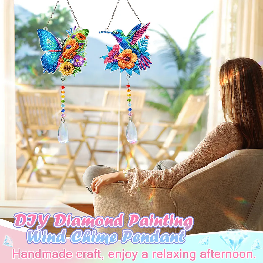 2Pcs Butterfly Hummingbird DIY Double-Sided Diamond Painting Hanging Kits Diamond Painting Suncatcher Craft Kit for Home Garden Wall Decor Gift