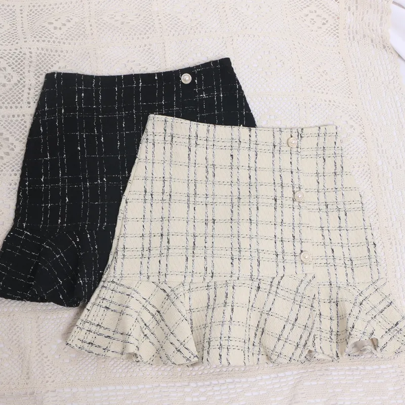 Brownm 2023 New Autumn And Winter Lattice Coarse Flowers Half-Body Skirt High Waist A-Word Bag Hip Irregular Fishtail Skirt 8876