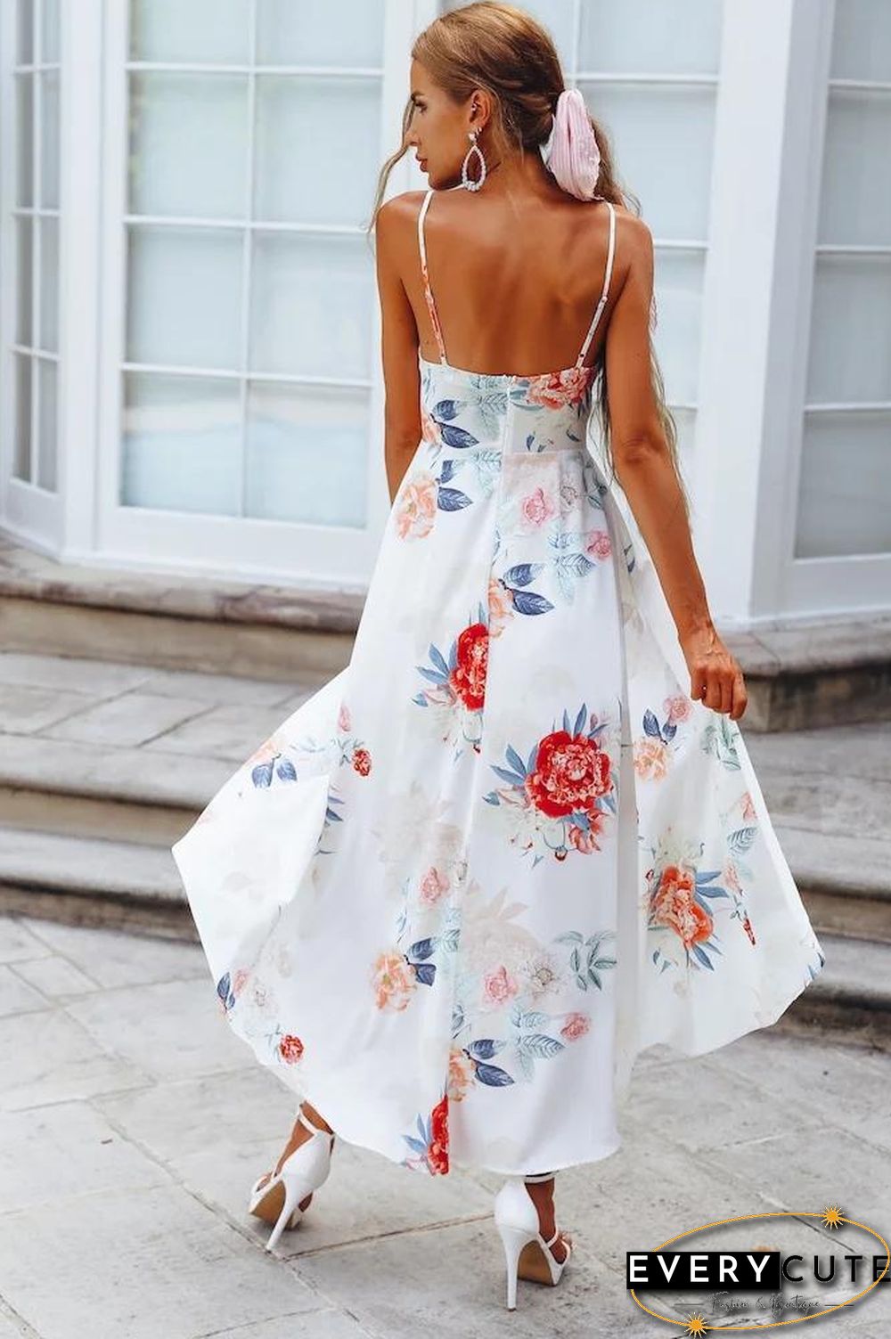 Pink Sleeveless Flowers Printed Irregular Hem Dress