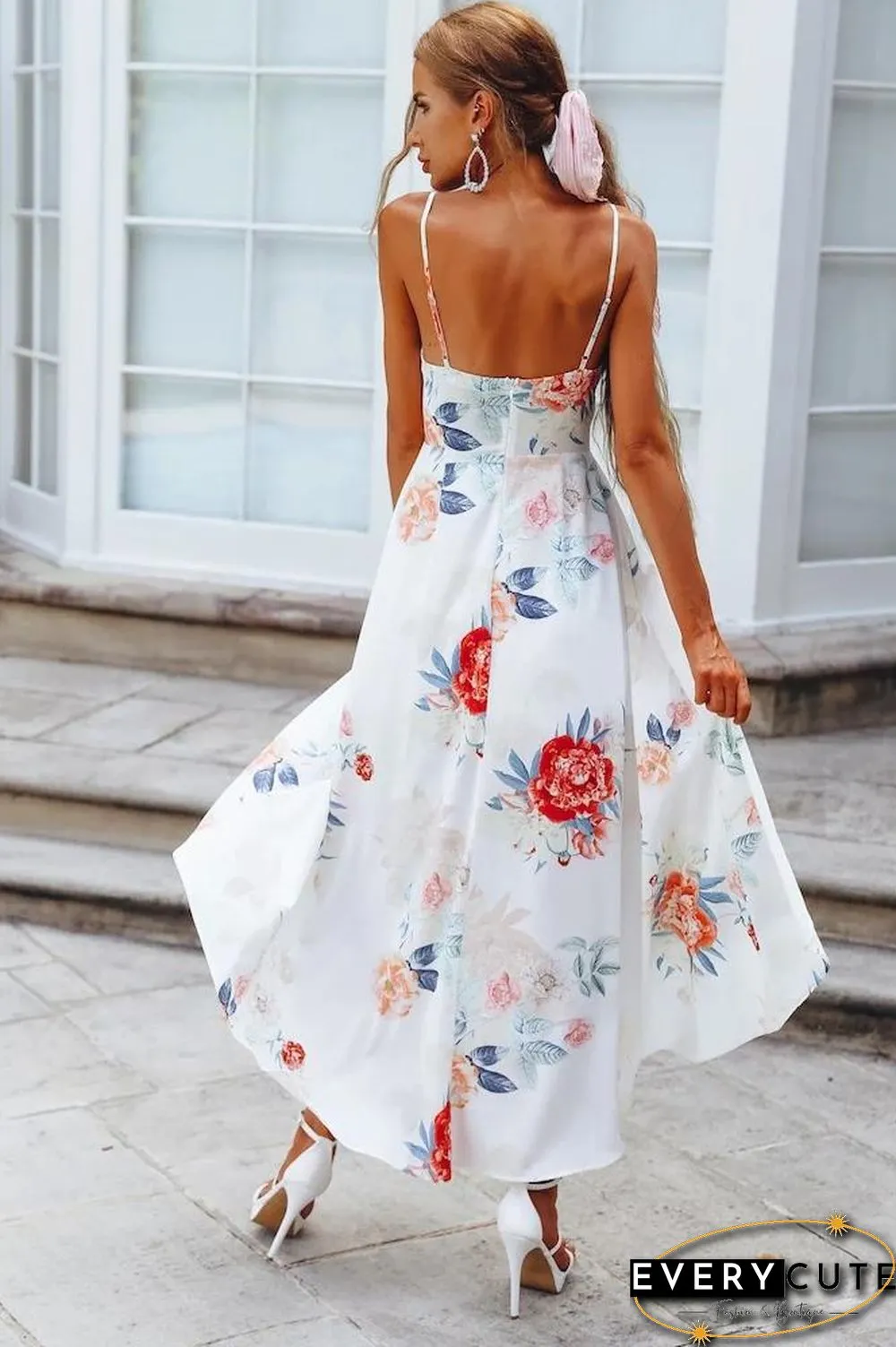 Pink Sleeveless Flowers Printed Irregular Hem Dress