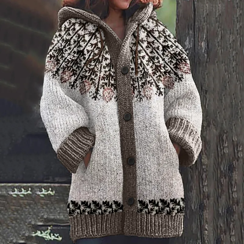 Retro Floral Contrast Jacquard Button Cozy Sweater