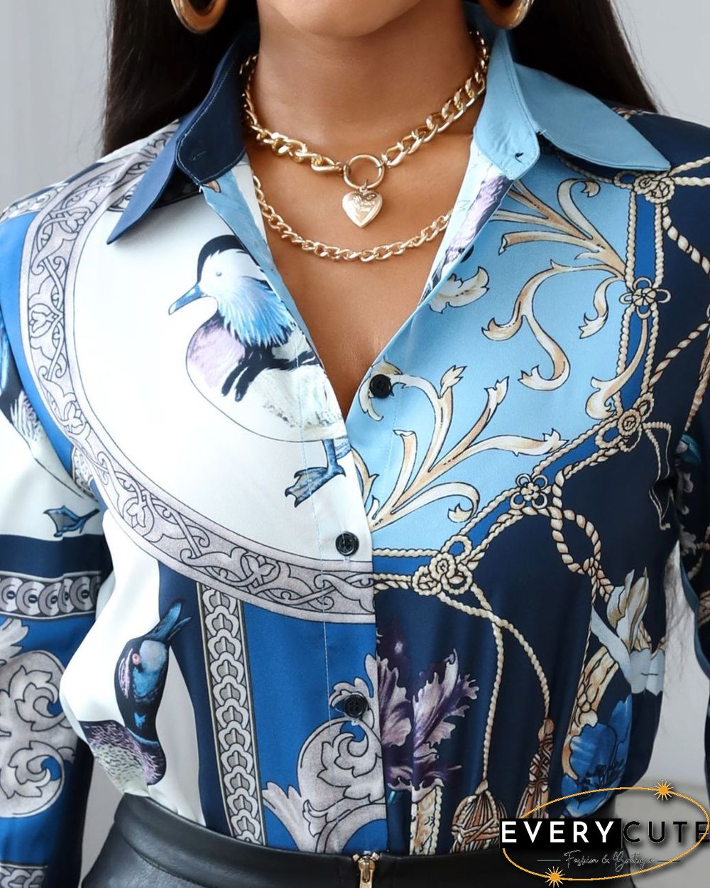 Bird Scarf Print Long Sleeve Shirt P10218