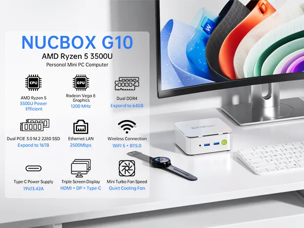 GMKtec G10 Ryzen 5 3500U 16GB 512GB（2） GMKtec G10 Mini PC, 16GB RAM 512GB SSD, AMD Ryzen 5 3500U (MAX 3.7