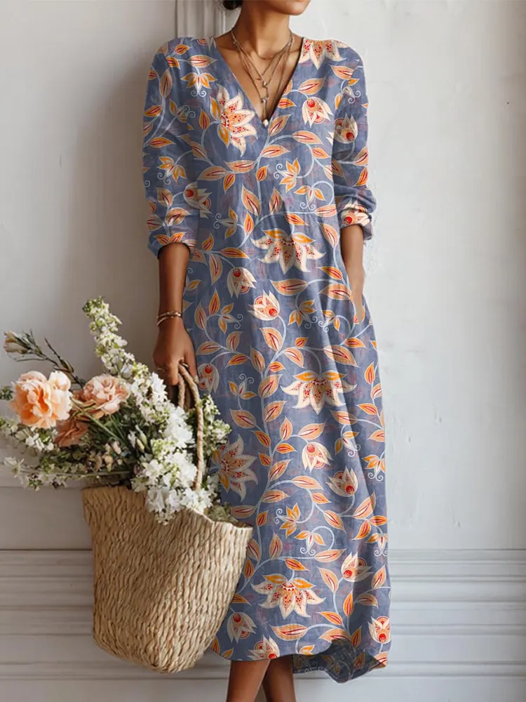 Women's Vintage Floral Art Print Casual Cotton Linen Pocket Dress