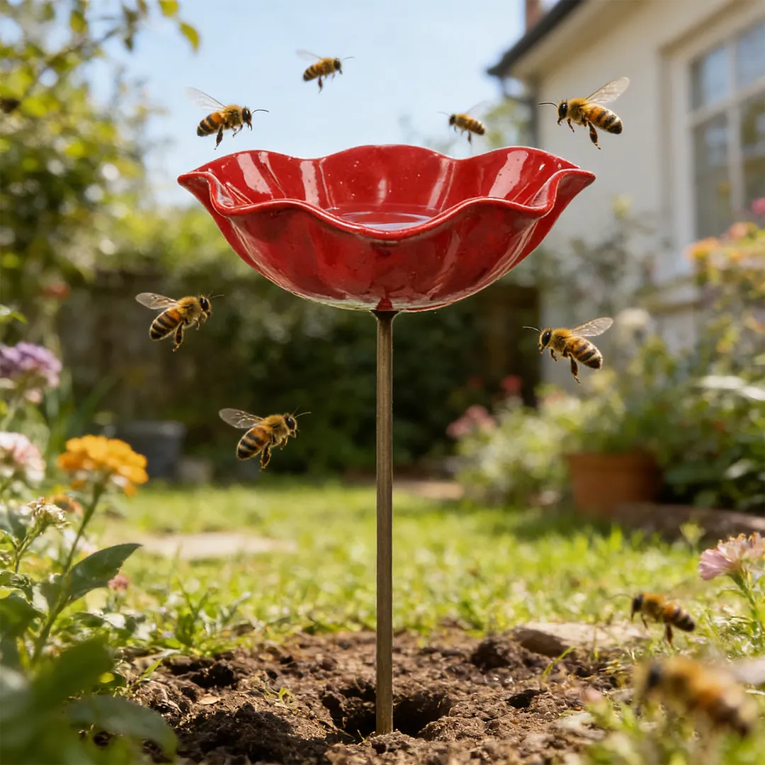 Bee Watering Station with Flower Design Bee Bath for Garden Decorative Metal Flower Garden Stake for Outdoor Yard Patio Decoration