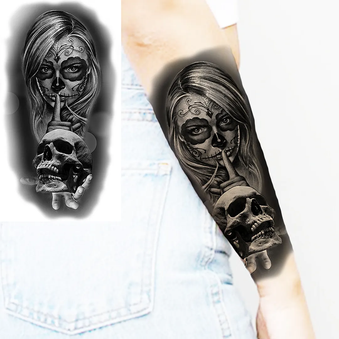 Sdrawing Skull Halloween Skeleton Temporary Tattoo For Men Adults Realistic Lion Tiger Wolf Scary Fake Tattoo Sticker Forearm Tatoo