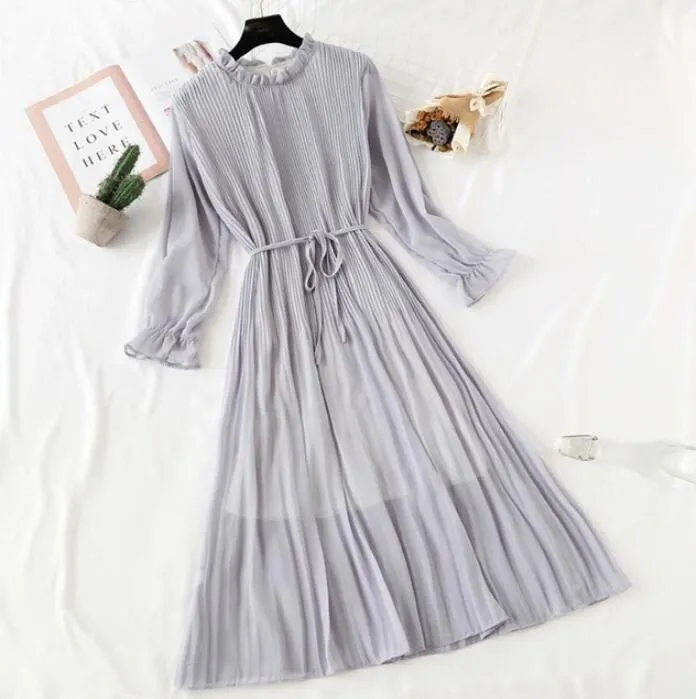 Polka Dot Print Women Chiffon Pleated Dress Sweet Flare Sleeve Party Dresses Casual Loose Lady Office Midi Dress Vestidos Mujer
