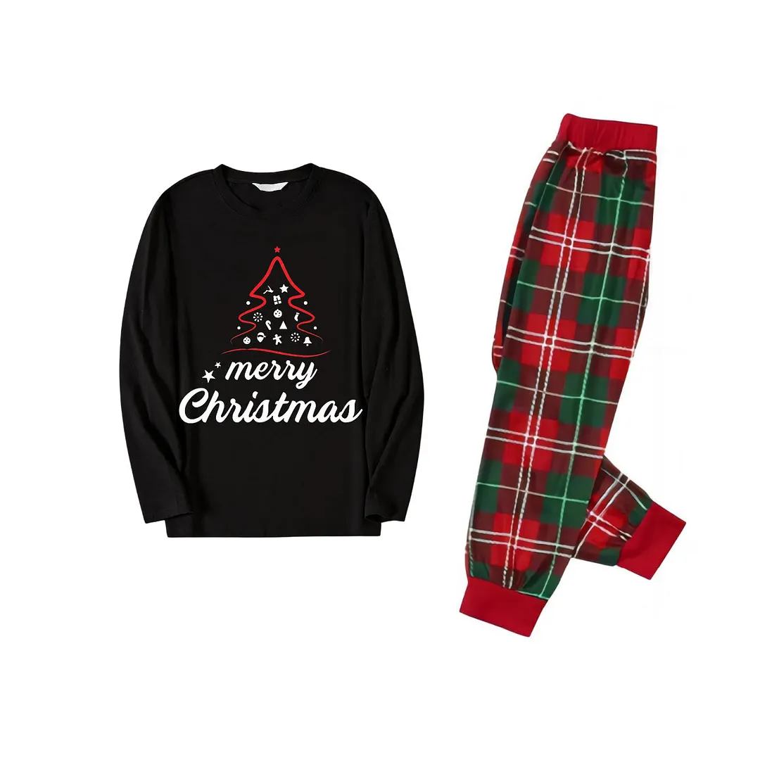 Red Christmas Tree Stick Figure - Black Top with Red & Green Plaid Pants Family Matching Pajama