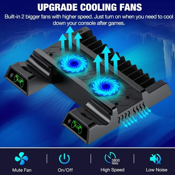 DinoFire PS4 Stand Cooling Station, Dual Controller Charging Station with 12 Game Slots, PS4 Vertical Stand Cooling Fan(Black)