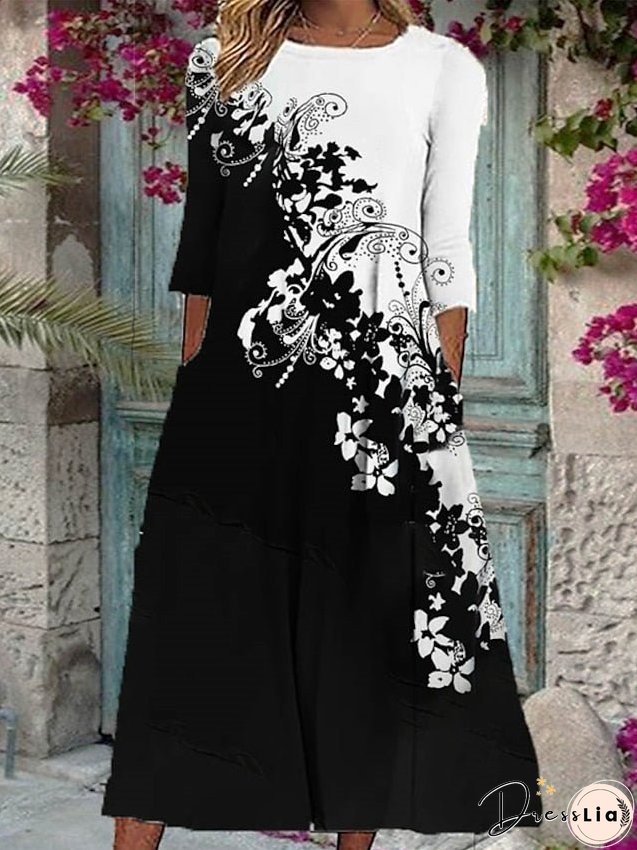 Casual Dress Shift Dress Swing Dress Midi Dress Black White 3/4 Length Sleeve Floral Ruched Summer Spring Crew Neck Fashion S M L XL XXL 3XL for Women