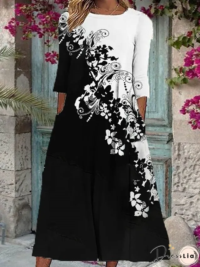 Casual Dress Shift Dress Swing Dress Midi Dress Black White 3/4 Length Sleeve Floral Ruched Summer Spring Crew Neck Fashion S M L XL XXL 3XL for Women