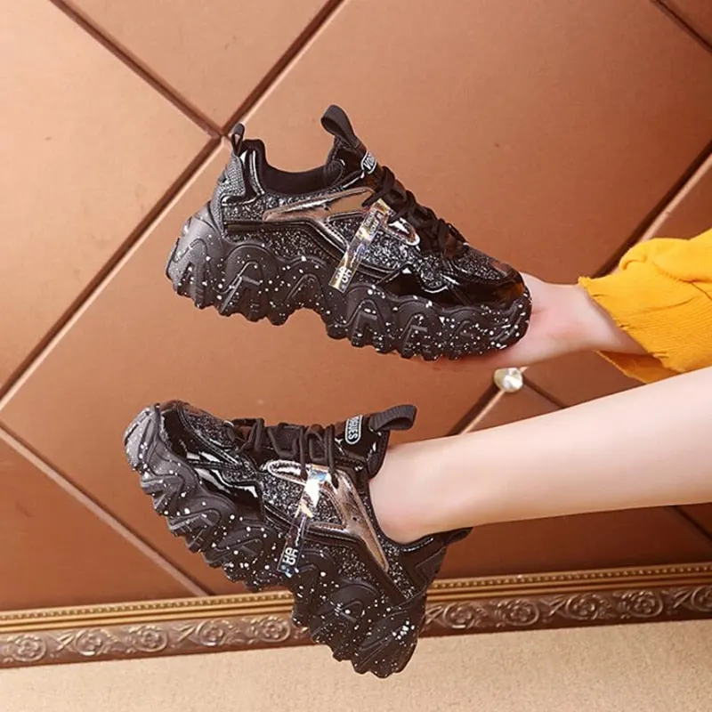 Fashion Women Shoes Dad Chunky Sneakers Women Luxury Comfortable Glossy Thick Sole Ladies Platform Wave Bottom Trainers Female