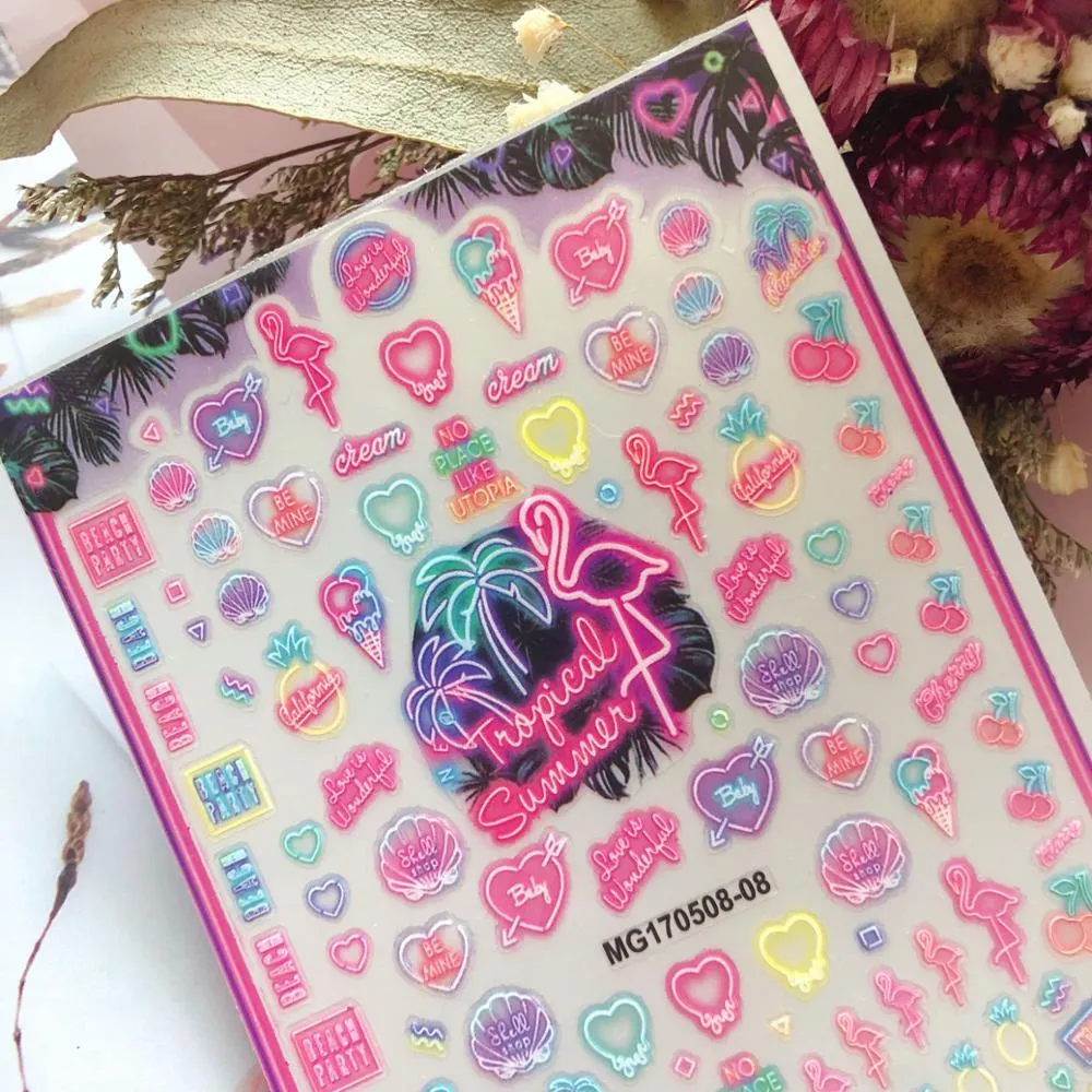 New Style Cartoon Nail Stickers Decals Neon Light Flamingo Teddy Bear Pattern Self Adhesive Nail Art DIY Manicure Decorations-Nail Inspo