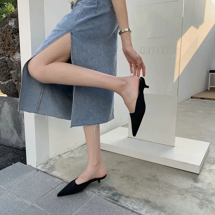 Churchf Churchf Half Slippers Female Summer New Style 2023 Thin Heel Pointed Lazy People Wear Low Heel Set Foot Muller Shoes Cool Drag Female