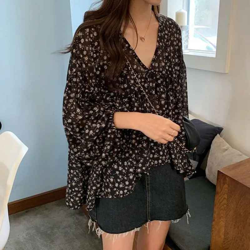 V-neck Chiffon Shirt Women Sweet Tops Blouse 2021 Spring New Korean Floral Print Long Sleeve Casual Loose Slim Lady Clothes 9307