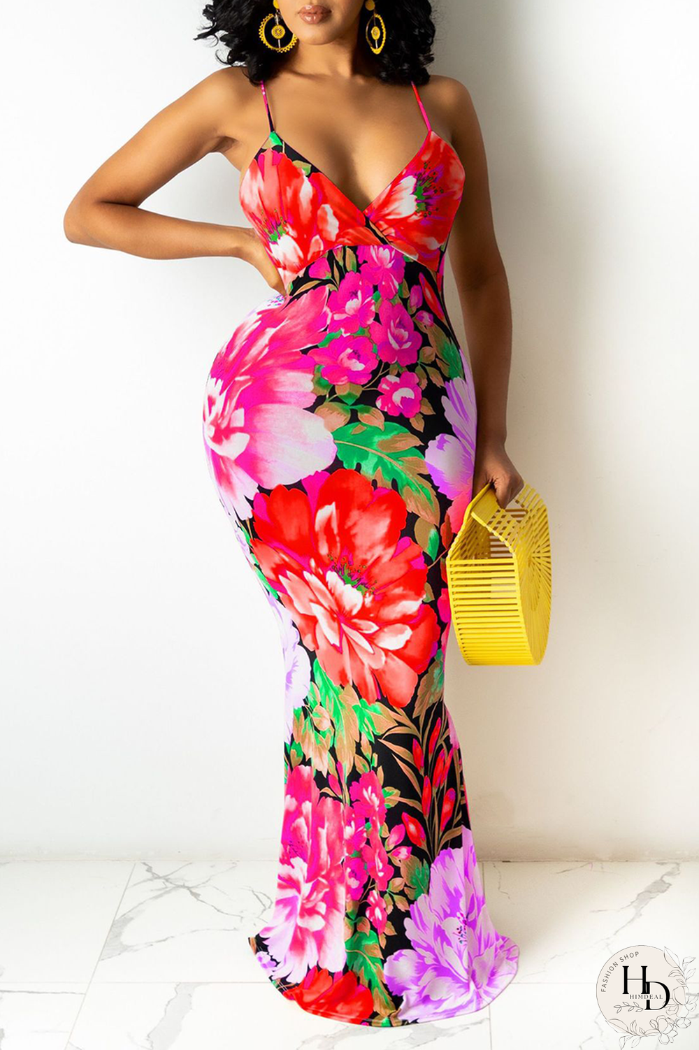 Rose Red Sexy Patchwork Split Joint Spaghetti Strap Pencil Skirt Dresses
