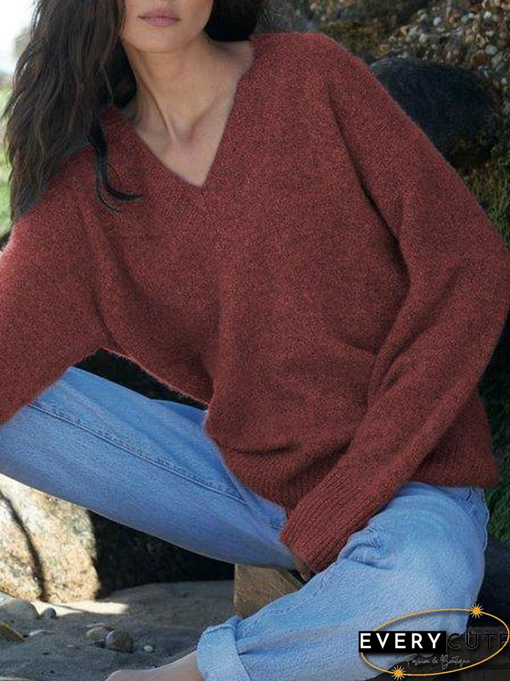 Shift Casual V Neck Solid Sweater
