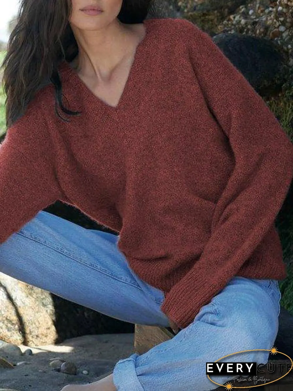 Shift Casual V Neck Solid Sweater