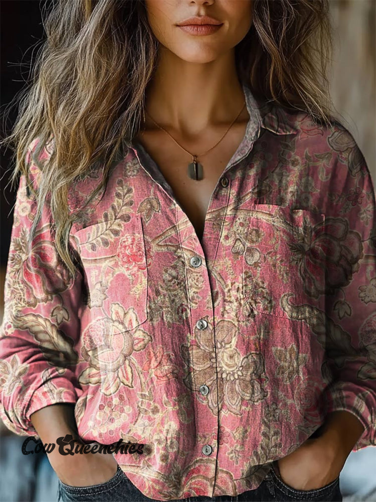 Women&rsquo;s Vintage Floral Print Casual Long Sleeve Comfortable Cotton Shirt Multicolor / S