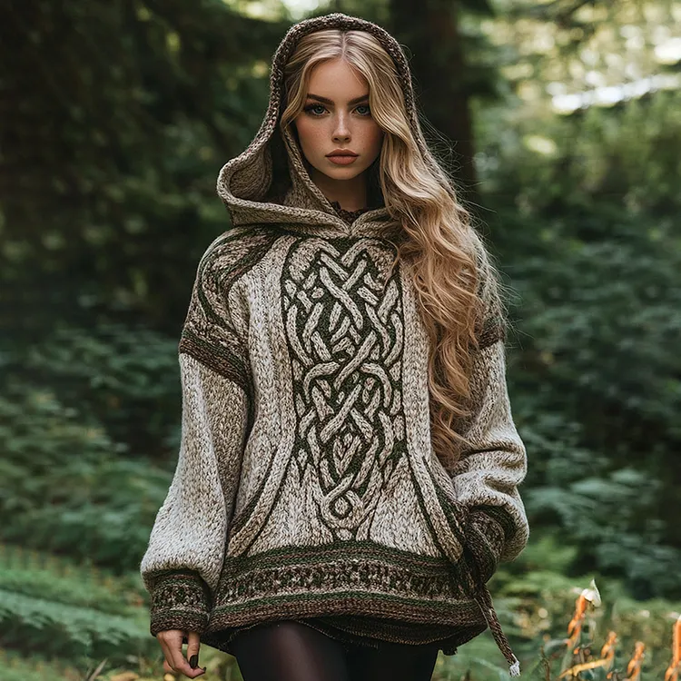 Women's Irish Celtic Knotted Jacquard Pocket Hooded Sweater